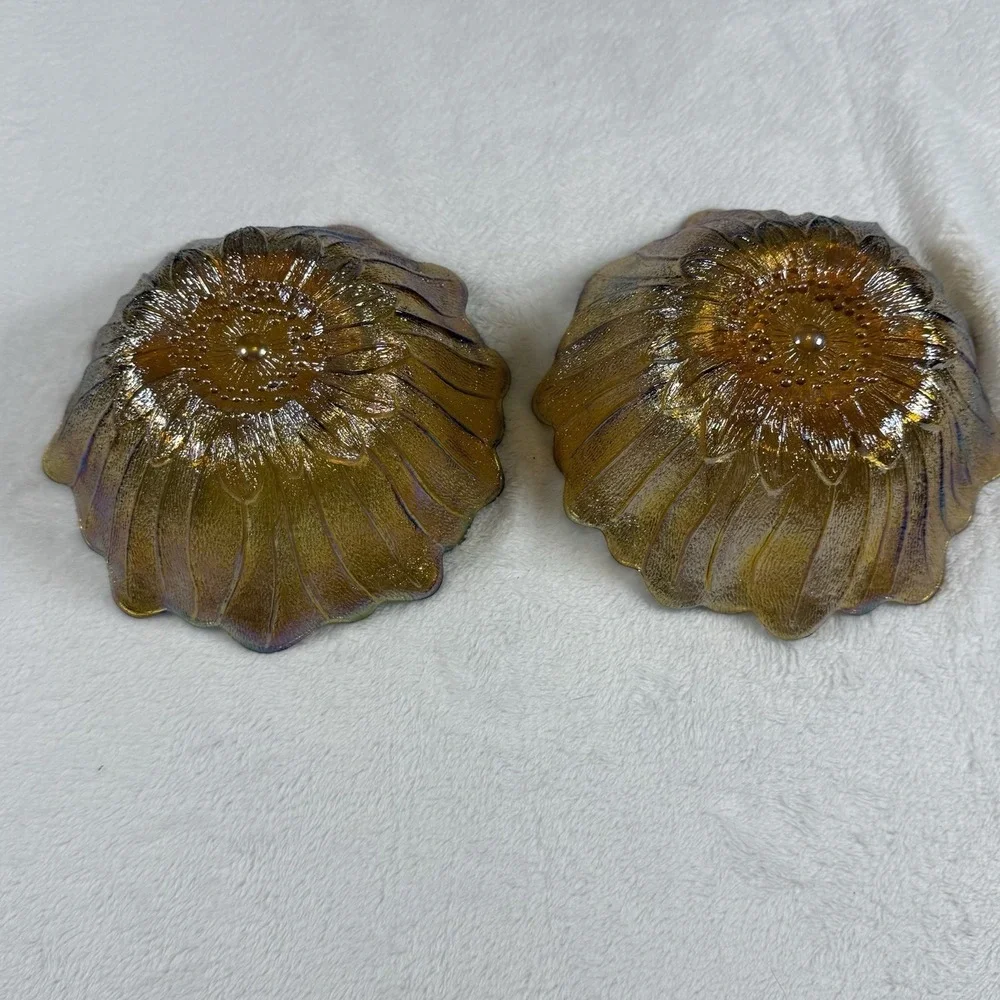 Vintage Carnival Glass Sunflower Marigold Iridescent Berry Bowls Set of 2